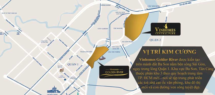 Vinhomes Golden River nằm giữa cầu Thủ Thiêm 1 và cầu Thủ Thiêm 2 sắp xây dựng