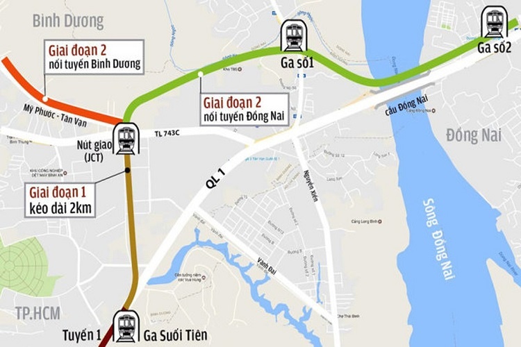 Bản đồ di chuyển của tuyến Metro số 1 tại Bình Dương và Đồng Nai